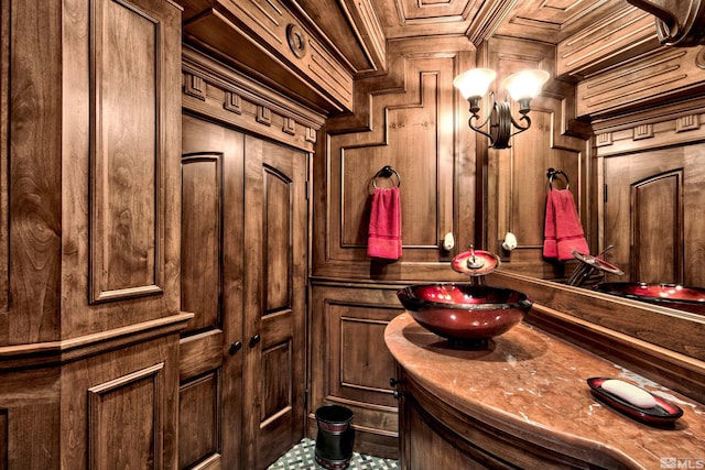 bathroom with wooden walls and oversized vanity