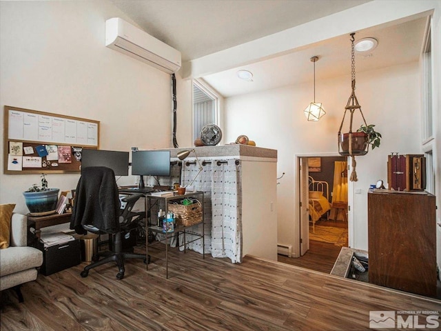 office area featuring dark hardwood / wood-style flooring, beam ceiling, and an AC wall unit