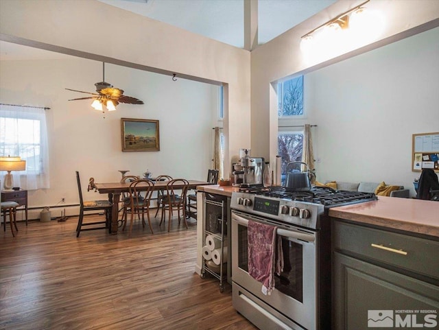 kitchen featuring dark hardwood / wood-style flooring, lofted ceiling, ceiling fan, and stainless steel gas range