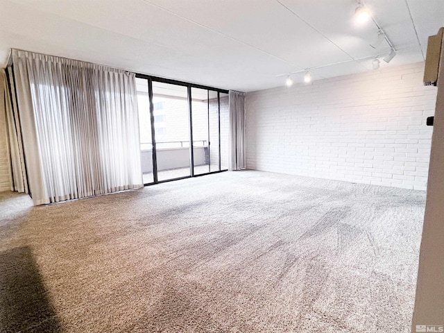 carpeted empty room with rail lighting, brick wall, and expansive windows