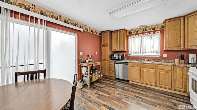 kitchen featuring light stone countertops, range, sink, stainless steel dishwasher, and dark hardwood / wood-style flooring