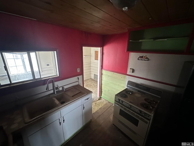 kitchen featuring electric range, wood ceiling, dark hardwood / wood-style flooring, white cabinets, and sink