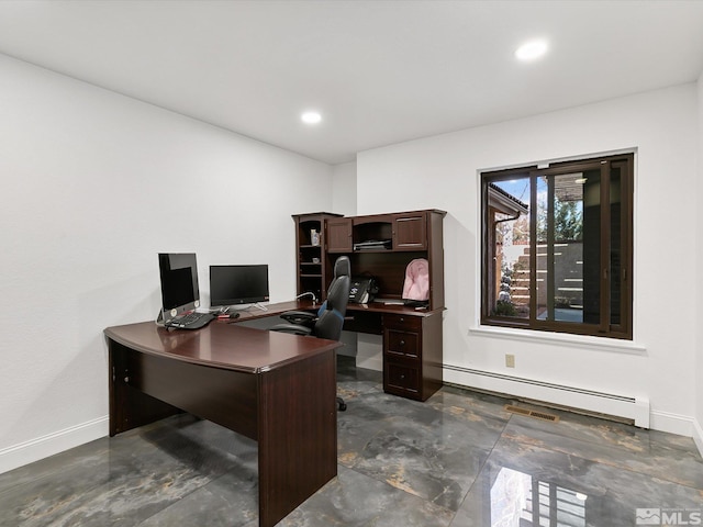 tiled office featuring a baseboard radiator