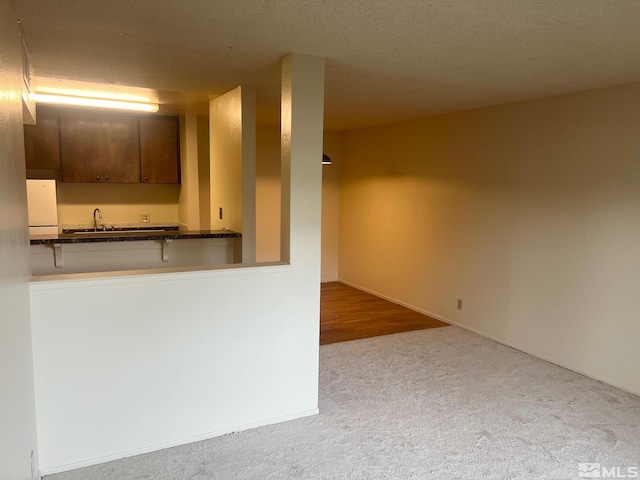 interior space featuring light carpet, kitchen peninsula, and a textured ceiling