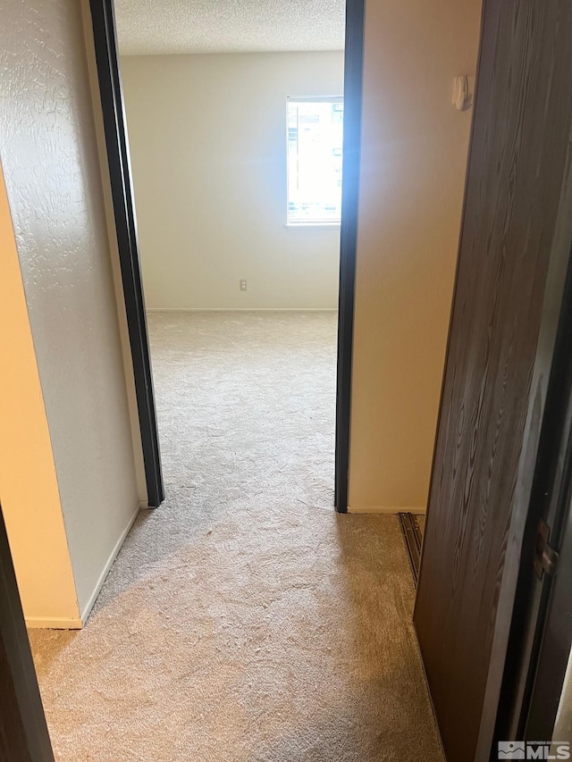 hall featuring light carpet and a textured ceiling