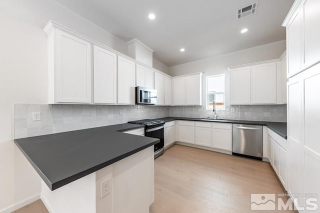 kitchen with light wood-type flooring, tasteful backsplash, white cabinetry, kitchen peninsula, and stainless steel appliances