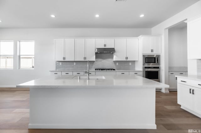 kitchen featuring stainless steel appliances, backsplash, an island with sink, and light hardwood / wood-style floors