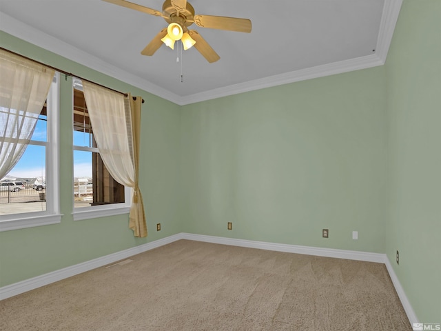 unfurnished room with ceiling fan, ornamental molding, and carpet flooring