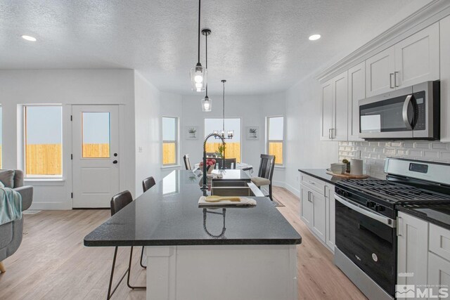 kitchen with white cabinetry, light hardwood / wood-style flooring, stainless steel appliances, and a kitchen island with sink