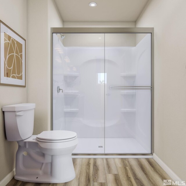 bathroom featuring a shower with shower door, toilet, and wood-type flooring