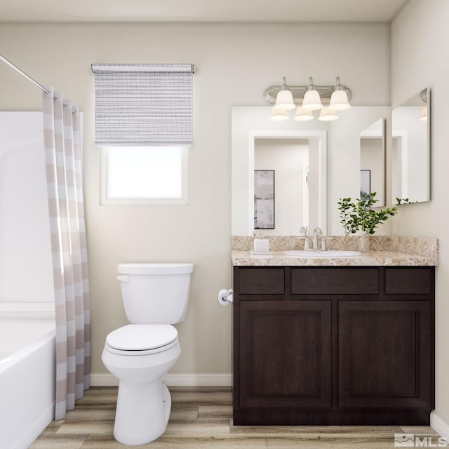 full bathroom featuring shower / bath combination with curtain, toilet, vanity, and hardwood / wood-style floors