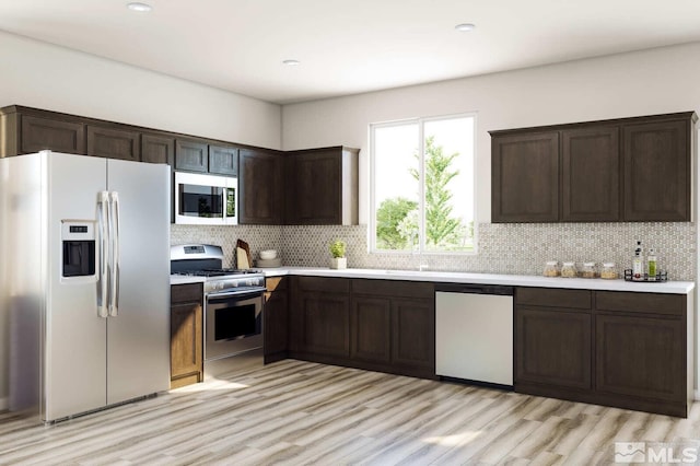 kitchen featuring backsplash, dark brown cabinetry, appliances with stainless steel finishes, and light hardwood / wood-style flooring