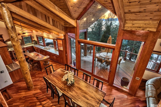 dining space featuring a wealth of natural light, dark wood-type flooring, wood ceiling, and beamed ceiling