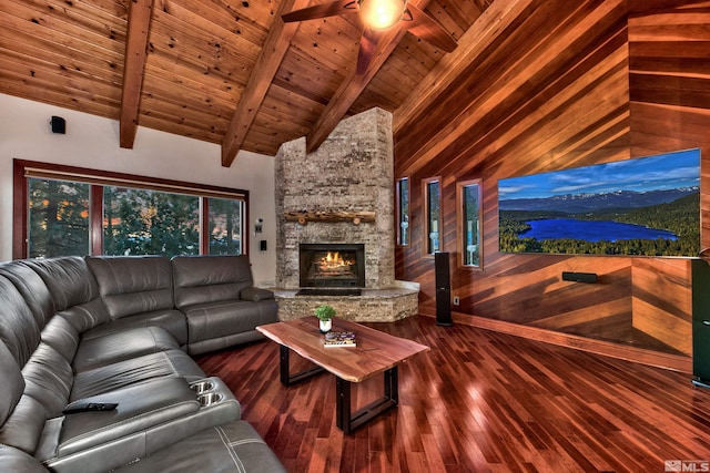 living room with dark wood-type flooring, a fireplace, high vaulted ceiling, wooden ceiling, and wooden walls