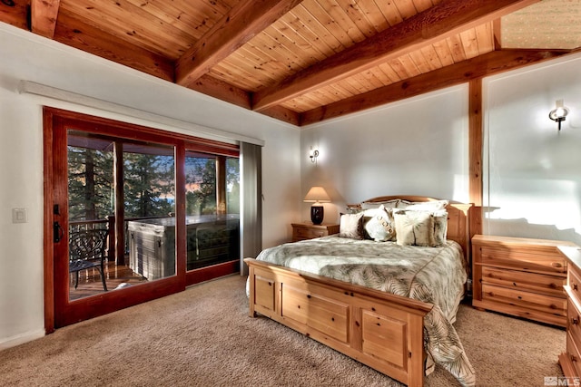 carpeted bedroom with access to outside, beam ceiling, and wood ceiling