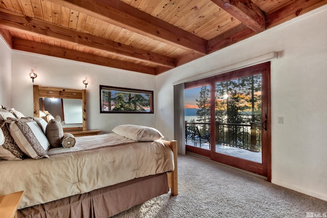 bedroom with light carpet, wooden ceiling, access to outside, and beam ceiling