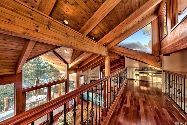 corridor with beam ceiling, high vaulted ceiling, wood ceiling, and dark hardwood / wood-style flooring