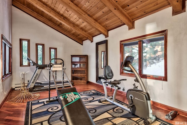 exercise room featuring high vaulted ceiling, dark hardwood / wood-style floors, wood ceiling, and a healthy amount of sunlight