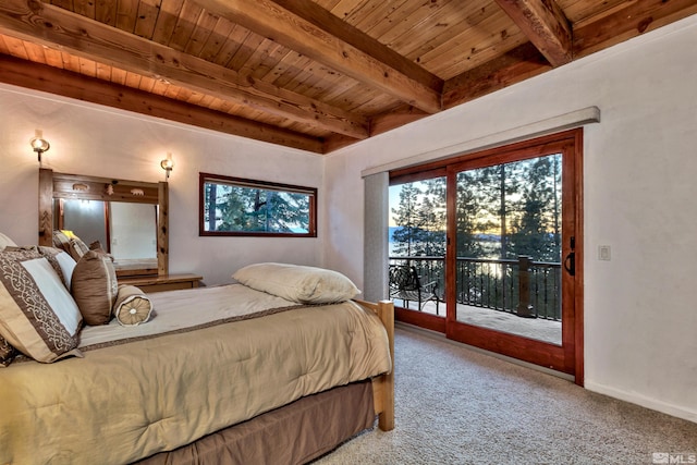 carpeted bedroom with access to outside, wooden ceiling, and beamed ceiling