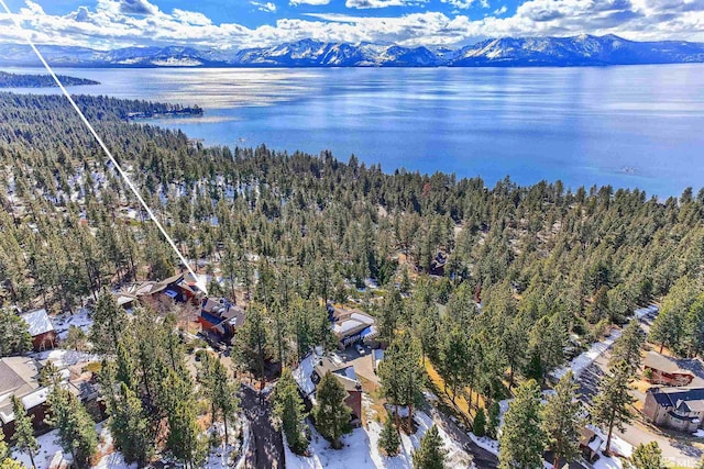 birds eye view of property with a water and mountain view