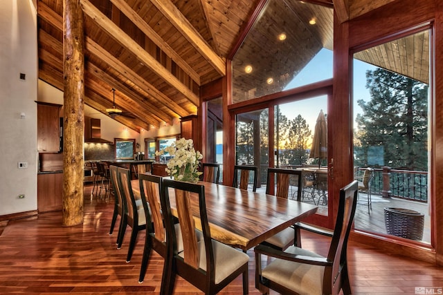 unfurnished dining area with high vaulted ceiling, wood ceiling, dark hardwood / wood-style flooring, and beamed ceiling