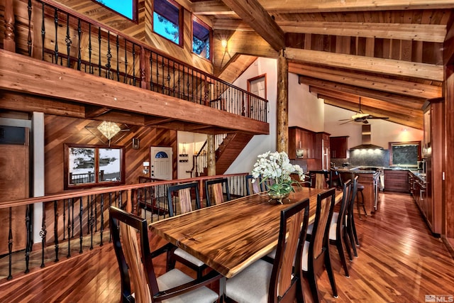 dining room featuring dark wood-type flooring, wooden ceiling, and high vaulted ceiling