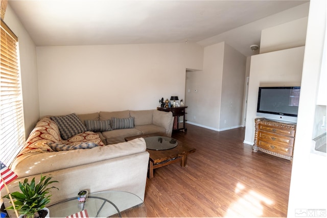 living room featuring hardwood / wood-style floors and vaulted ceiling