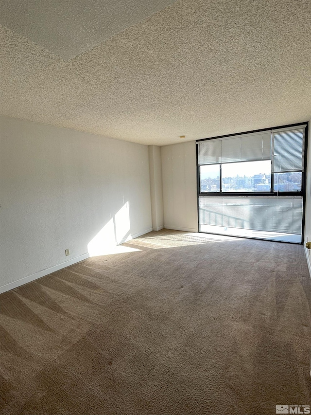 carpeted spare room featuring a textured ceiling and a wall of windows