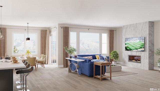 living room featuring light hardwood / wood-style floors, a fireplace, and a wealth of natural light