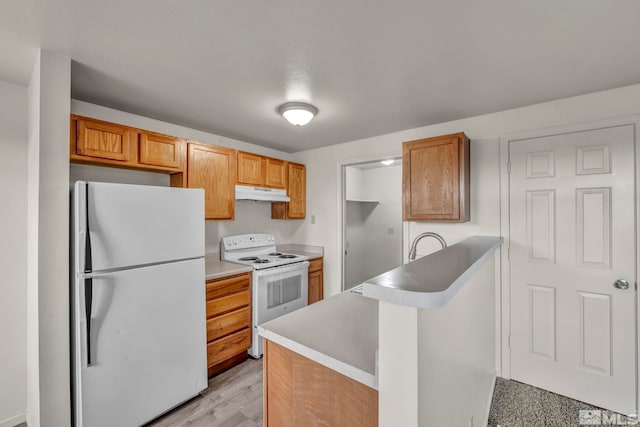 kitchen featuring light wood-type flooring, kitchen peninsula, and white appliances