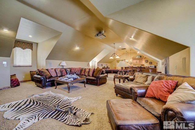 living room featuring light carpet and vaulted ceiling