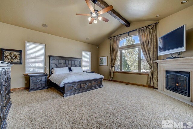 bedroom with light carpet, vaulted ceiling with beams, and ceiling fan