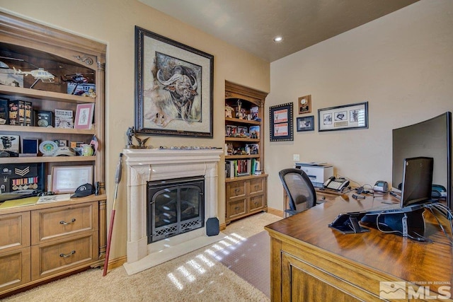 home office featuring light colored carpet