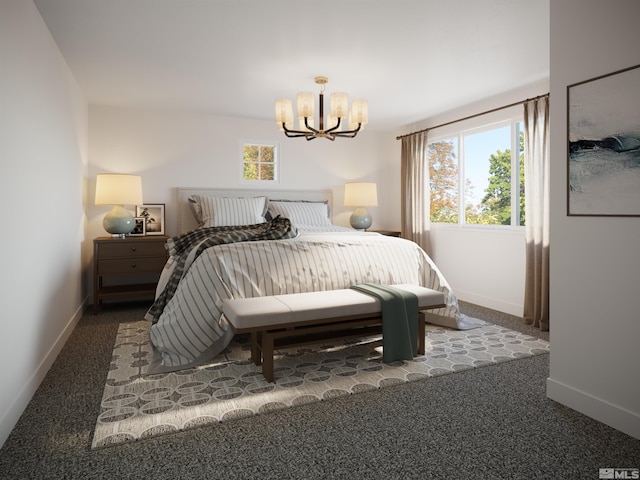 bedroom featuring dark carpet and a chandelier