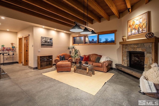 living room featuring beam ceiling, wood ceiling, and a stone fireplace