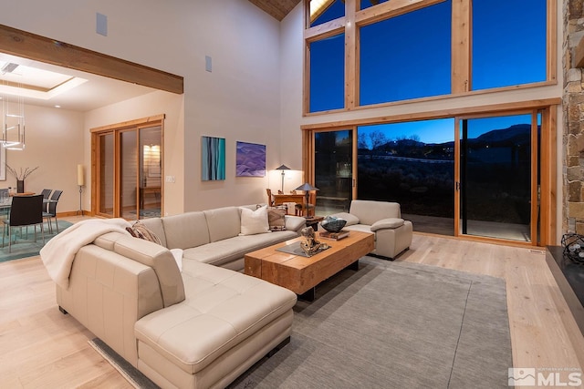 living room featuring a mountain view, high vaulted ceiling, and light wood-type flooring