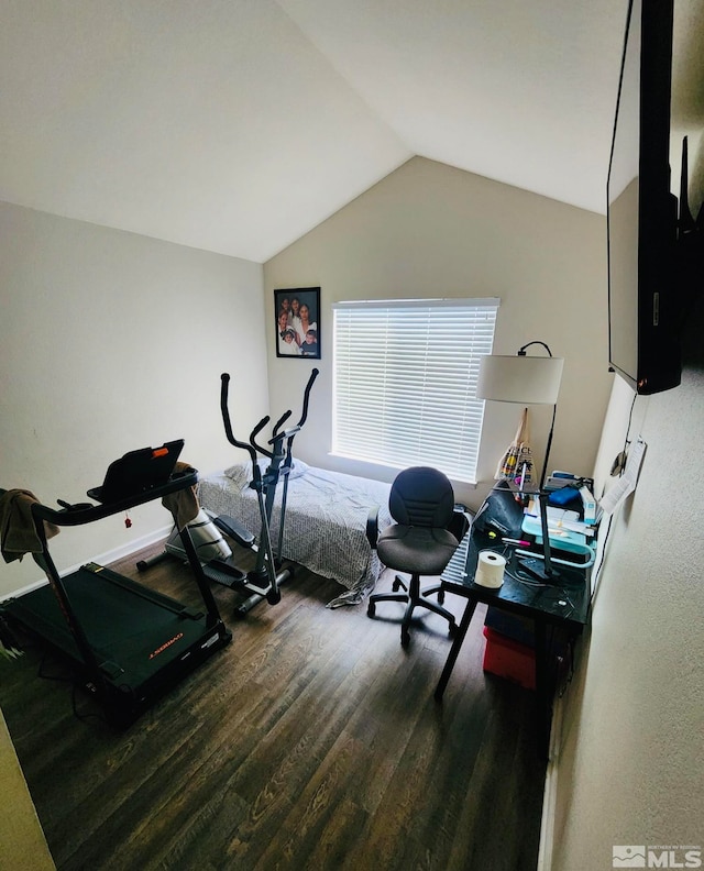 workout area with dark hardwood / wood-style flooring and vaulted ceiling