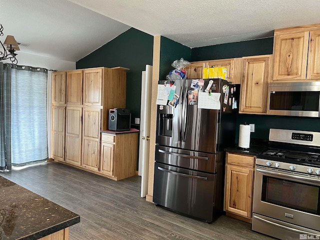 kitchen with appliances with stainless steel finishes, dark stone counters, vaulted ceiling, a textured ceiling, and dark wood-type flooring