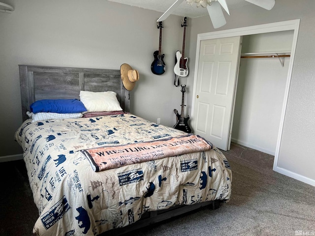 bedroom with a closet, carpet flooring, and ceiling fan