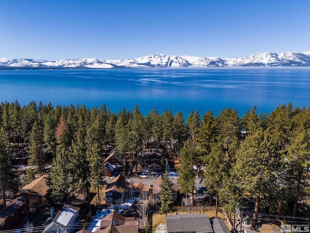 birds eye view of property with a water and mountain view