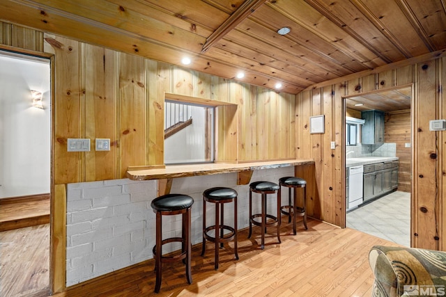 kitchen with dishwasher, light hardwood / wood-style floors, and wood ceiling