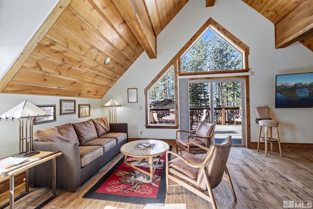 living room featuring vaulted ceiling with beams, wood ceiling, and hardwood / wood-style flooring