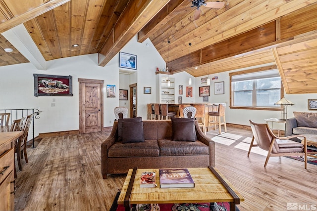 living room featuring wood ceiling, vaulted ceiling with beams, ceiling fan, and wood-type flooring