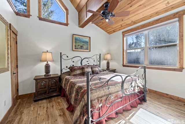 bedroom with lofted ceiling with beams, ceiling fan, wooden ceiling, and light hardwood / wood-style flooring