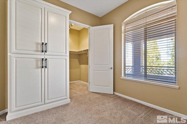 unfurnished bedroom featuring light carpet, a walk in closet, and a closet