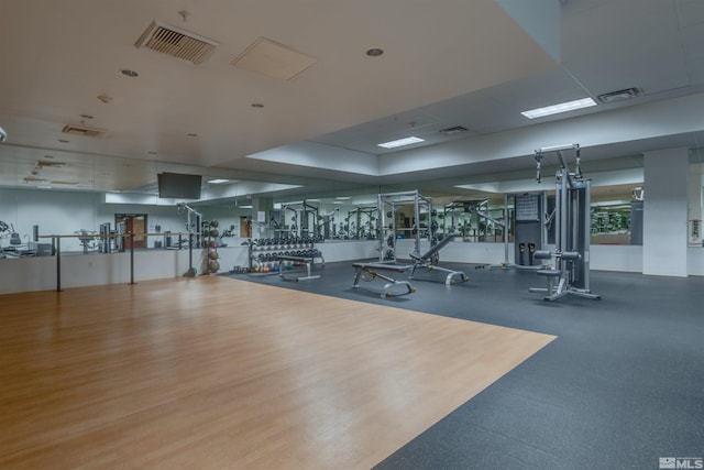 gym featuring hardwood / wood-style flooring