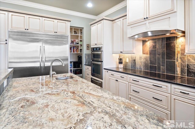 kitchen featuring stainless steel appliances, tasteful backsplash, dark stone countertops, sink, and ornamental molding