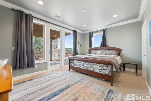 bedroom featuring ornamental molding, light carpet, access to exterior, and multiple windows