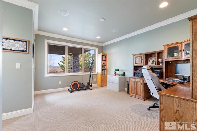 carpeted office space with ornamental molding