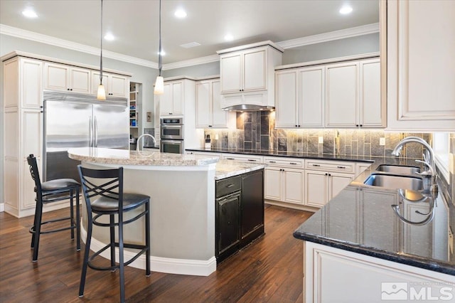 kitchen with sink, a kitchen island with sink, dark stone counters, and dark wood-type flooring